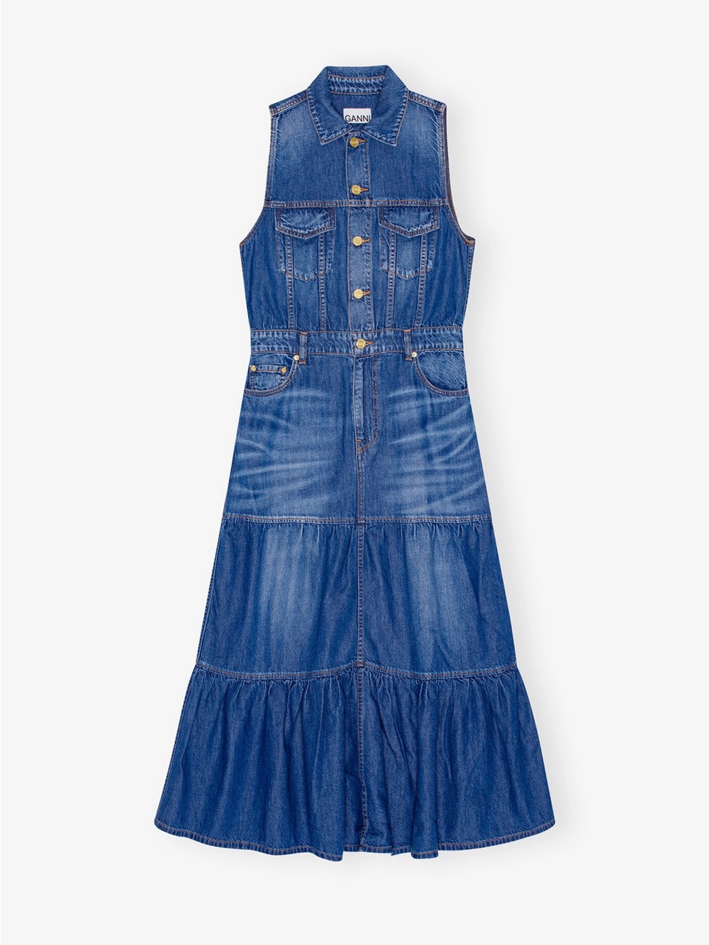 Ganni Sleeveless Denim Tiered Maxi Dress - Blue